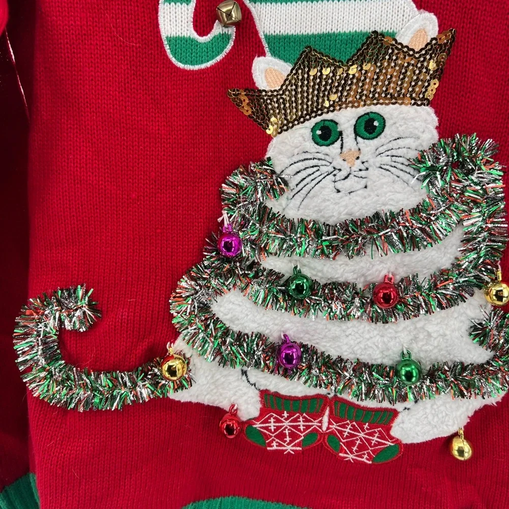 33 Degrees cat Christmas sweater tinsel bells s ugly sweater sequins embroidered